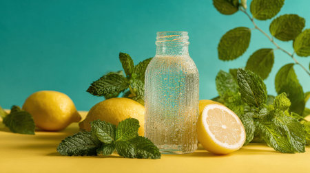A refreshing scene featuring a glass bottle filled with lemonade, surrounded by ripe lemons and lush mint leaves, set against a bright backdrop.の素材