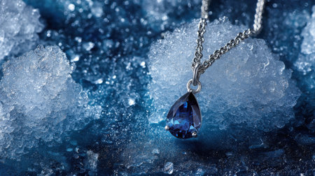 This stunning image features an elegant blue gemstone necklace suspended delicately over an icy background, showcasing intricate details and textures.の素材