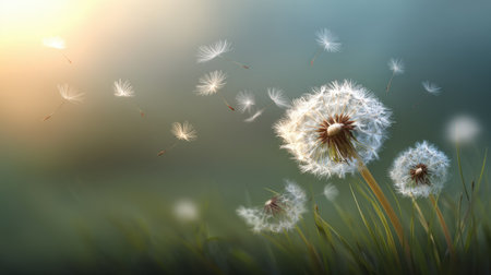 A stunning close-up of dandelion seeds gracefully floating in the air, capturing the essence of nature's beauty and tranquility in a soft light.の素材