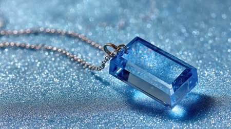 This stunning blue pendant necklace captures attention with its shimmering beauty against a sparkling background, perfect for fashion lovers and jewelry enthusiasts.の素材