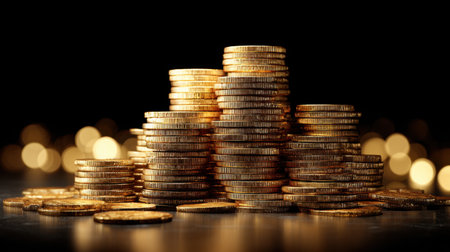 A stunning arrangement of gold coins stacked in varying heights, illuminated against a soft-focus backdrop, symbolizing wealth and prosperity in finance.の素材