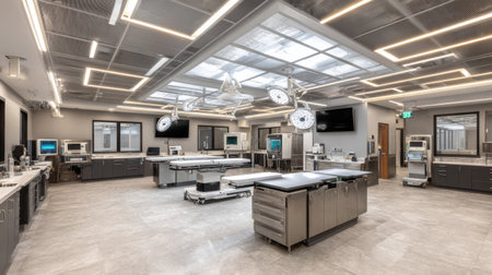 This image depicts a state-of-the-art surgical room featuring advanced medical equipment and bright lighting. The modern design ensures a sterile and efficient environment for healthcare professionals.の素材