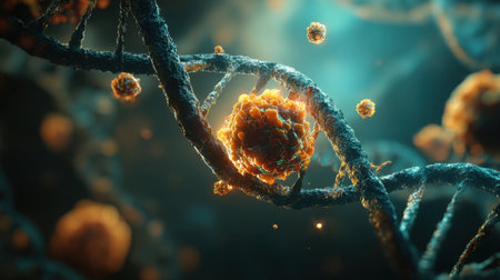 This stunning image captures the intricate details of DNA and vibrant cells at a microscopic level, showcasing the beauty of genetic forms and scientific exploration.の素材