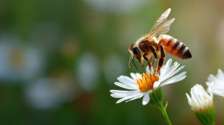 A stunning close-up of a honey bee as it delicately lands on a white daisy flower, showcasing nature's beauty and the essential role of pollinators.の素材