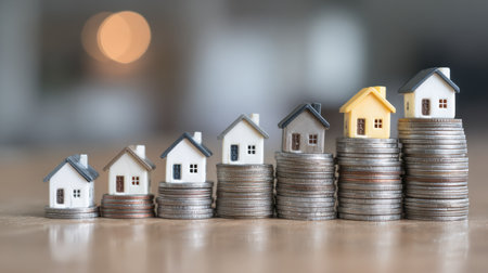 This image visually represents rising property values with model houses on stacks of coins, suggesting growth and investment in real estate. The soft focus background enhances the financial theme.の素材