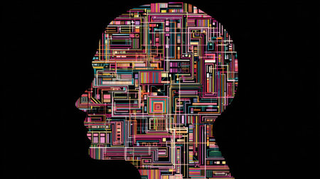 This artwork features an abstract silhouette of a human head, filled with colorful geometric patterns and dynamic lines. It symbolizes creativity and imagination.の素材