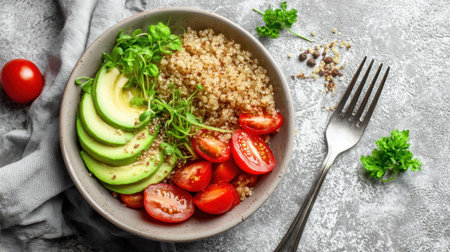 This vibrant quinoa bowl is filled with creamy avocado, juicy cherry tomatoes, and fresh microgreens, perfect for a healthy meal or snack.の素材