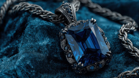 This stunning close-up image showcases an elegant blue gemstone pendant nestled against a luxurious teal velvet backdrop, highlighting its intricate silver detailing.の素材