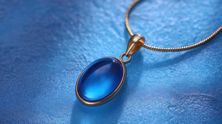 This exquisite blue gem pendant hangs gracefully on a golden chain, resting on a shimmering blue surface, perfect for showcasing elegance and style.の素材