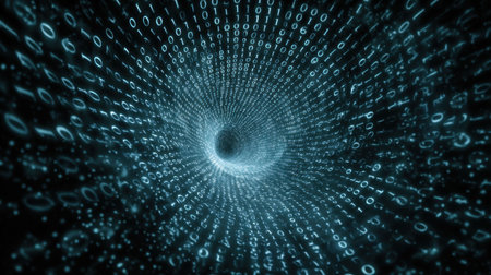 Immerse in a mesmerizing abstract digital tunnel filled with pulsating binary code, evoking sensations of depth, movement, and technological innovation.の素材