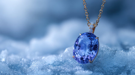 A stunning blue sapphire pendant suspended delicately on a bed of frosty textures, embodying elegance and luxury in jewelry design perfect for any occasion.の素材