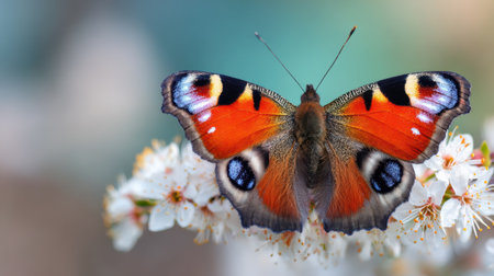A stunning colorful butterfly sits gracefully on soft cherry blossoms, showcasing its vivid wings and intricate details against a blurred backdrop.の素材