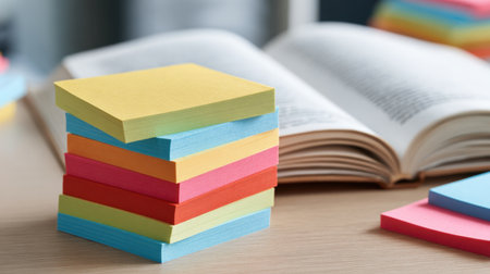A vibrant stack of sticky notes in various colors rests on a wooden table, with an open book in the background, representing organization and study.の素材