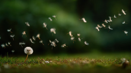 A captivating image of dandelion seeds drifting through the air, showcasing the beauty of nature in a serene, green backdrop. The delicate scene highlights life and growth.の素材
