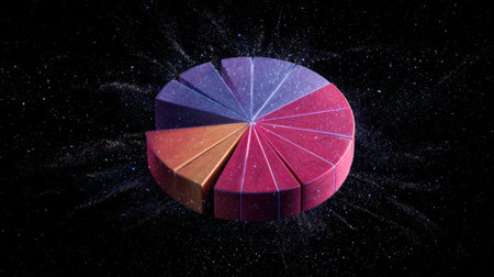 A vibrant pie chart showcasing data segmentation set against a cosmic space background, representing creativity and modern analytical graphics for presentations.の素材