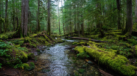 A picturesque scene of a serene forest stream meandering through lush greenery and mossy logs, showcasing the beauty of untouched nature in a tranquil woodland setting.の素材