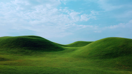 A breathtaking view of rolling green hills under a clear blue sky adorned with soft clouds. This serene landscape evokes feelings of calm and tranquility, ideal for nature lovers and travel themes. Perfect for various projects focusing on outdoor beauty and the essence of nature.の素材