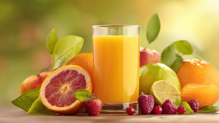 A refreshing glass of citrus juice surrounded by various fruits such as orange, lemon, and raspberries, showcasing vibrant colors and a healthy lifestyle.の素材