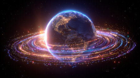 This captivating image showcases a vibrant representation of Earth surrounded by radiant, colorful lights, creating a mesmerizing cosmic atmosphere that inspires exploration.の素材