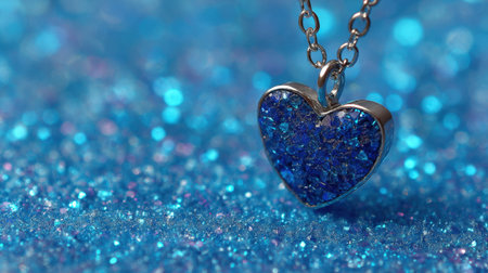 This close-up image showcases a beautiful blue glitter heart pendant necklace, glimmering against a sparkling turquoise background, ideal for fashion and jewelry themes.の素材