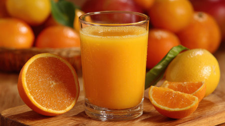 A refreshing glass of freshly squeezed orange juice sits on a wooden table surrounded by vibrant oranges. The juicy slices highlight the beverage's sweetness and freshness.の素材