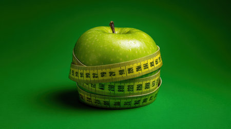 A fresh green apple wrapped in a measuring tape sits on a bright green background, symbolizing healthy eating, weight management, and balanced nutrition.の素材