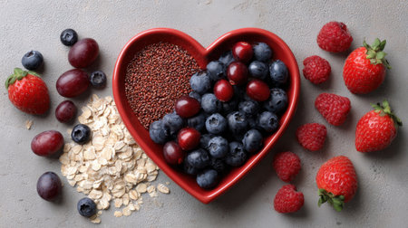A vibrant heart-shaped bowl filled with fresh blueberries, strawberries, and raspberries surrounded by oats and seeds on a gray surface. Perfect for healthy eating.の素材