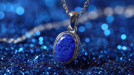 A captivating close-up image of a blue stone pendant set in silver, resting on a sparkling background. Perfect for jewelry lovers and fashion inspiration.の素材