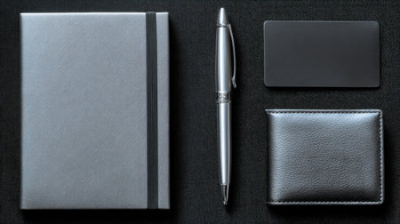 A flat lay view of an elegant workspace featuring a gray notebook, silver pen, sleek business card, and a leather wallet arranged on a dark surface.の素材