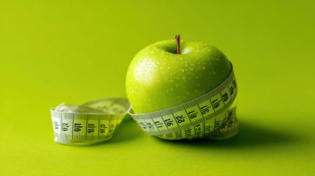 A vibrant green apple wrapped in a measuring tape against a bright backdrop symbolizes health and wellness, emphasizing nutrition and mindful eating choices.の素材