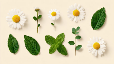 Beautiful collection of fresh daisies and green leaves arranged on a soft background, perfect for themes related to nature, health, and herbal designs.の素材