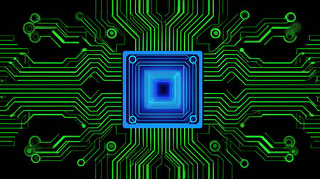 This abstract image features a central microchip surrounded by neon green circuit lines on a black background, symbolizing modern technology and innovation in electronics.の素材