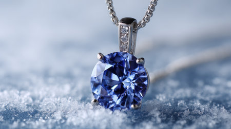 A stunning blue gem pendant hangs gracefully on an elegant silver chain, set against a backdrop of soft snow, symbolizing winter elegance and luxury.の素材