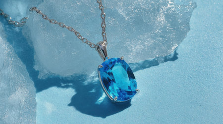A captivating blue pendant necklace rests on a piece of ice, showcasing its brilliance and elegance. This image highlights the artistry and beauty of jewelry in a fresh, stylish presentation.の素材