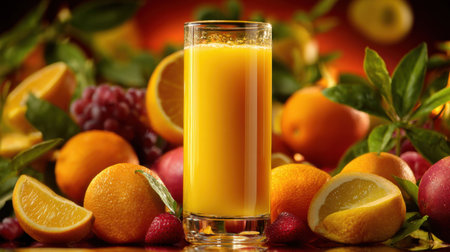 A vibrant composition featuring a glass of freshly squeezed citrus juice surrounded by an array of colorful fruits and green leaves. The image evokes freshness and health, perfect for conveying nourishment and vitality.の素材