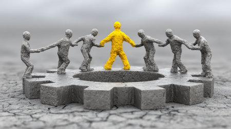 This striking image symbolizes leadership and teamwork, featuring a yellow figure contrasting with gray figures in a gear-like setting, emphasizing unity and collaboration.の素材