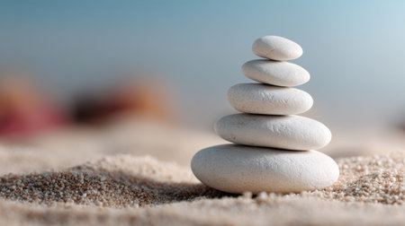 A serene image featuring a stack of smooth white stones on a sandy beach, symbolizing tranquility and balance. The blurred background enhances relaxation themes.の素材
