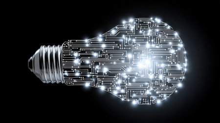 This image features a creative representation of a light bulb integrated with a complex circuit board design, symbolizing innovation and technology.の素材
