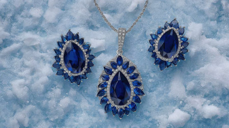 This elegant sapphire jewelry set features a stunning pendant and matching earrings, perfect for adding a touch of luxury to any outfit. The vibrant blue gemstones, surrounded by sparkling accents, create a beautiful contrast against the frosty background.の素材