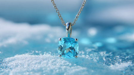 A stunning blue gemstone pendant hangs elegantly against a frosty backdrop, capturing attention with its vibrant color and sparkling facets.の素材