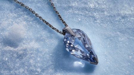 This image features a captivating blue gem pendant necklace resting on an icy surface, highlighting the intricate design and luxurious appeal of the piece.の素材