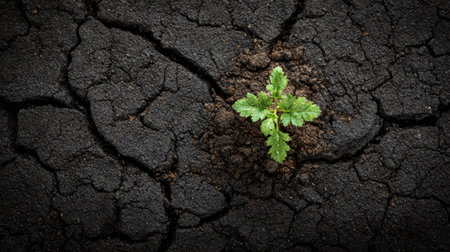 A vibrant green plant grows from dry, cracked soil, illustrating resilience and hope in challenging environmental conditions and nature's ability to thrive.の素材