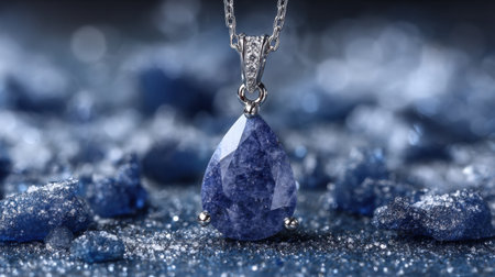 This stunning close-up showcases an elegant silver pendant featuring a large teardrop blue gemstone, amidst a sparkling backdrop of luminous blue crystals, perfect for jewelry lovers.の素材