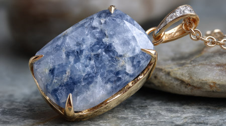 This stunning blue gemstone pendant, beautifully set in gold, showcases elegance and luxury against a natural stone background, capturing light brilliantly.の素材