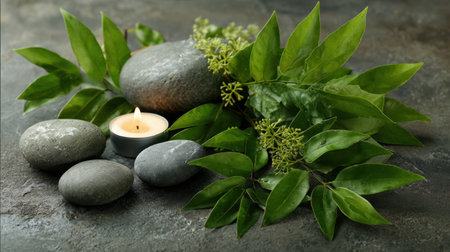 This serene composition features smooth stones, a soft candle glow, and vibrant green leaves, perfect for promoting wellness and relaxation in any space.の素材