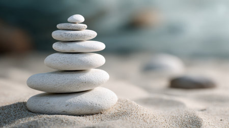 A serene stack of smooth white stones arranged carefully on sandy beach, capturing the essence of tranquility and balance in a natural setting.の素材