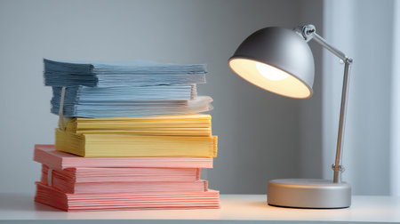 A visually appealing scene featuring colorful stacked papers in pastel shades alongside a sleek desk lamp, perfect for enhancing any workspace or study area.の素材