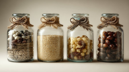 A set of four glass jars beautifully arranged, each filled with a variety of nuts, seeds, and snacks, perfect for promoting healthy eating and wellness.の素材
