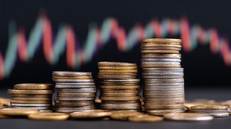 A detailed view of varying stacks of coins placed in front of a colorful graph, symbolizing investment growth and the dynamics of modern finance.の素材