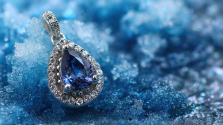 This exquisite teardrop pendant features a stunning sapphire center framed by glimmering diamonds, set against a captivating icy blue background.の素材